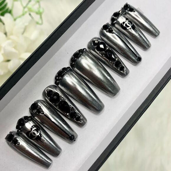 Black Bling Press On Nails | Handmade Press On Nails | Fake Nails - Picture 1 of 12